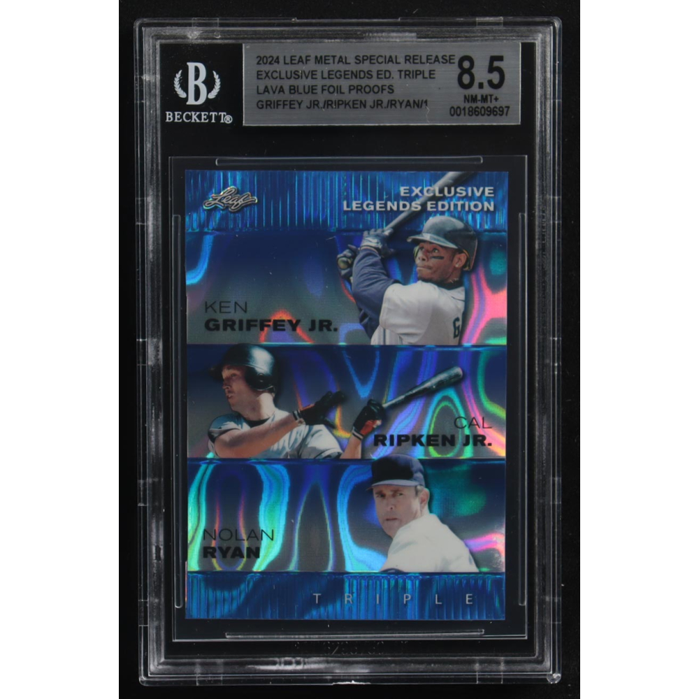 Ken Griffey Jr. / Cal Ripken Jr. / Nolan Ryan 2024 Leaf Metal Special Release Exclusive Legends Ed. Triple Lava Blue Foil Proofs (BGS 8.5) at PristineAuction.com