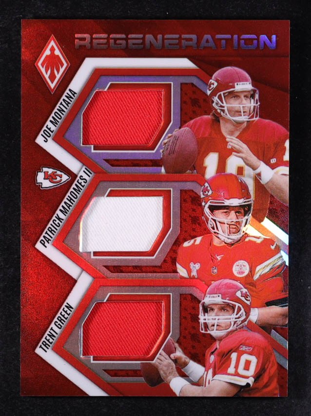 Joe Montana / Patrick Mahomes II / Trent Green 2025 Panini Phoenix Regeneration Jerseys Red #9 #111/249 at PristineAuction.com Joe Montana / Patrick Mahomes II / Trent Green 2025 Panini Phoenix Regeneration Jerseys Red #9 #111/249 at PristineAuction.com