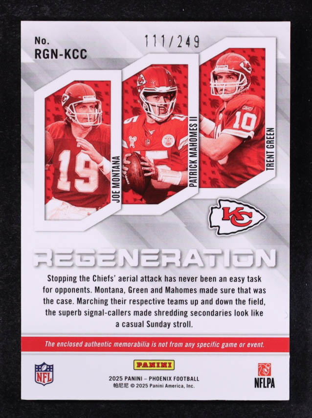 Joe Montana / Patrick Mahomes II / Trent Green 2025 Panini Phoenix Regeneration Jerseys Red #9 #111/249 at PristineAuction.com Joe Montana / Patrick Mahomes II / Trent Green 2025 Panini Phoenix Regeneration Jerseys Red #9 #111/249 at PristineAuction.com