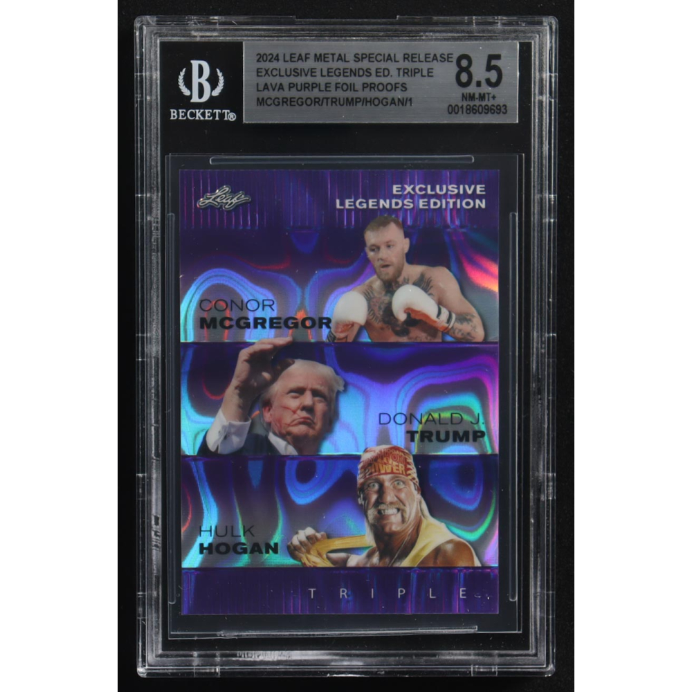 Donald J. Trump / Hulk Hogan / Conor Mcgregor 2024 Leaf Metal Special Release Exclusive Legends Ed. Triple Purple Foil Proofs #ELE39 (BGS 8.5) at PristineAuction.com