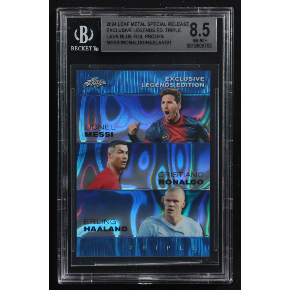 Lionel Messi / Erling Haaland / Cristiano Ronaldo 2024 Leaf Metal Special Release Exclusive Legends Ed. Triple Lava Blue Foil Proofs (BGS 8.5) at PristineAuction.com