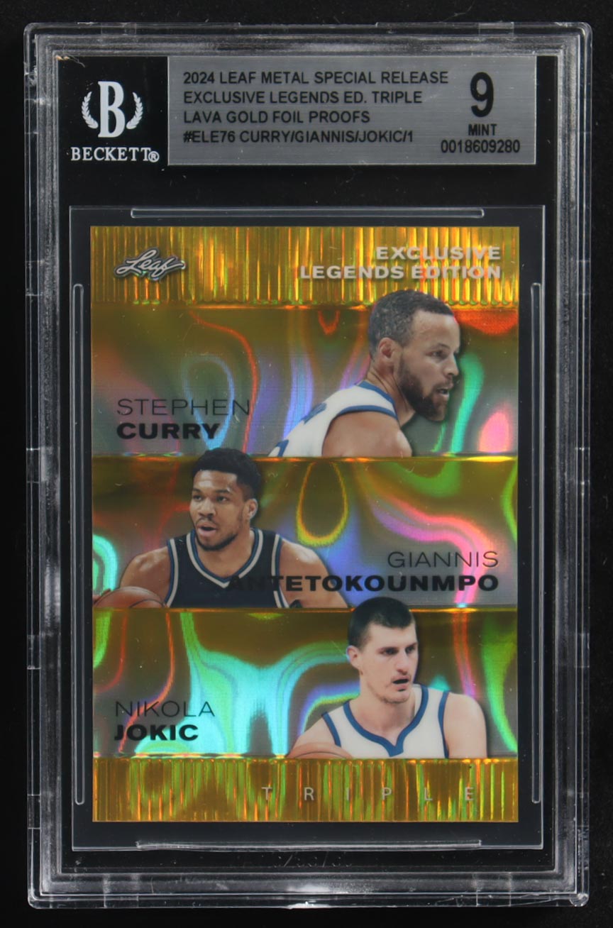 Nikola Jokic / Giannis Antetokounmpo / Stephen Curry 2024 Leaf Metal Special Release Exclusive Legends Ed. Triple Lava Gold Foil Proofs #ELE76 (BGS 9) at PristineAuction.com Nikola Jokic / Giannis Antetokounmpo / Stephen Curry 2024 Leaf Metal Special Release Exclusive Legends Ed. Triple Lava Gold Foil Proofs #ELE76 (BGS 9) at PristineAuction.com