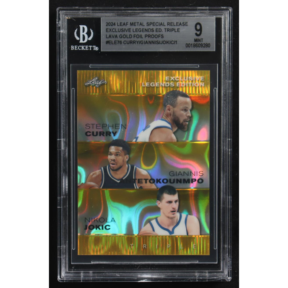 Nikola Jokic / Giannis Antetokounmpo / Stephen Curry 2024 Leaf Metal Special Release Exclusive Legends Ed. Triple Lava Gold Foil Proofs #ELE76 (BGS 9) at PristineAuction.com
