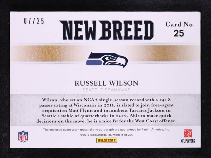 Russell Wilson 2012 Elite New Breed Jerseys Autographs Prime #25 RC #07/25 at PristineAuction.com Russell Wilson 2012 Elite New Breed Jerseys Autographs Prime #25 RC #07/25 at PristineAuction.com