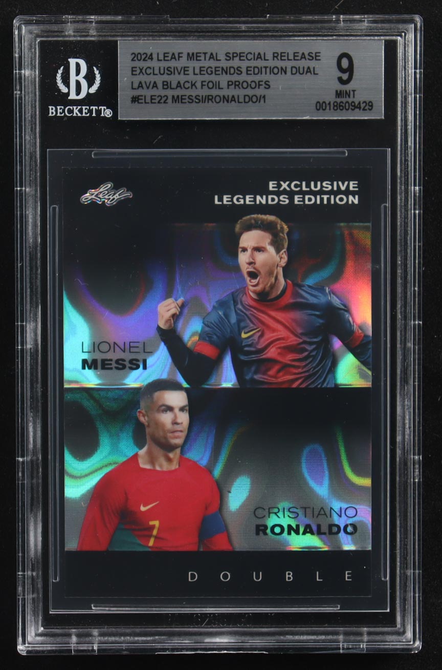 Lionel Messi / Cristiano Ronaldo 2024 Leaf Metal Special Release Exclusive Legends Ed. Dual Lava Black Foil Proofs #ELE22 (BGS 9) at PristineAuction.com Lionel Messi / Cristiano Ronaldo 2024 Leaf Metal Special Release Exclusive Legends Ed. Dual Lava Black Foil Proofs #ELE22 (BGS 9) at PristineAuction.com