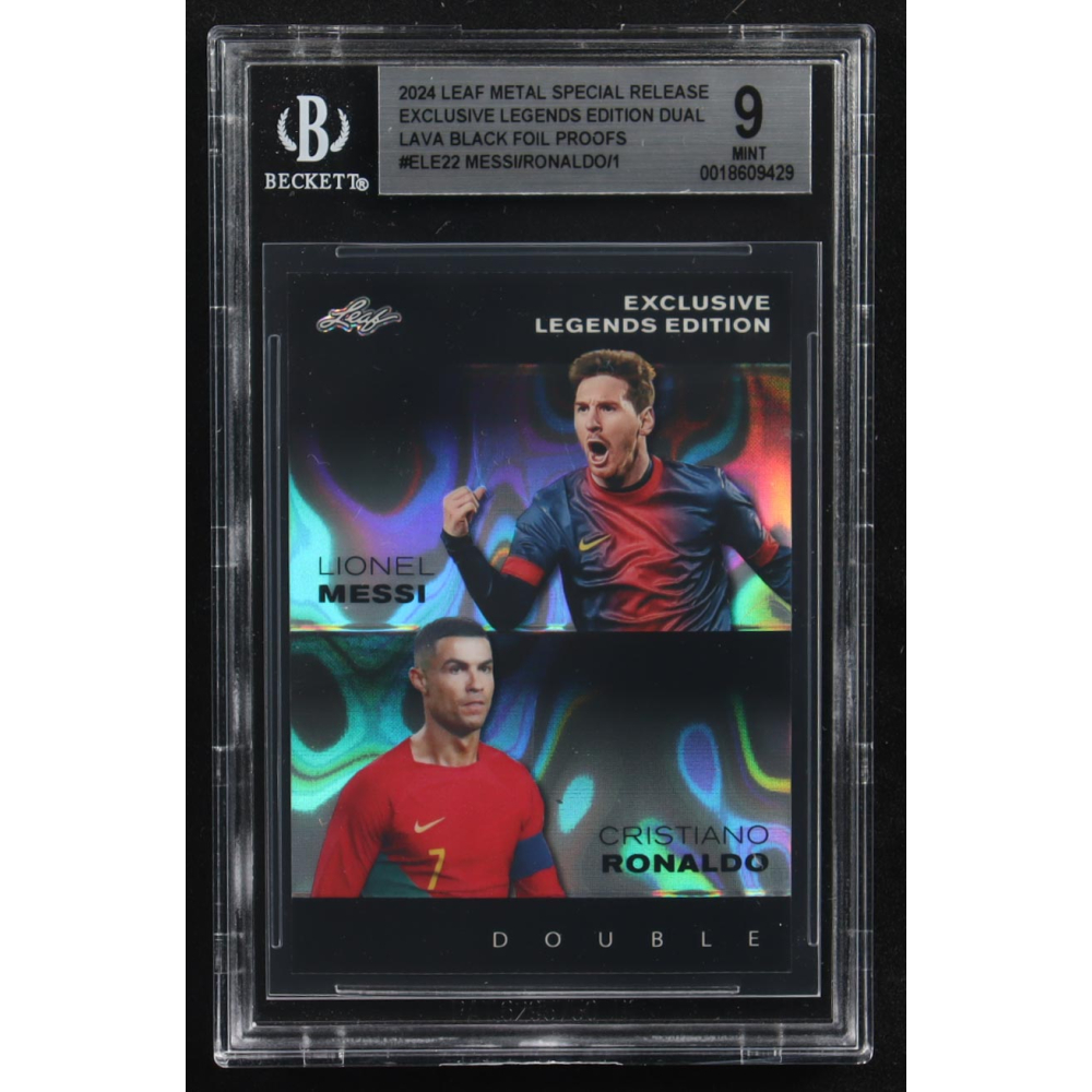 Lionel Messi / Cristiano Ronaldo 2024 Leaf Metal Special Release Exclusive Legends Ed. Dual Lava Black Foil Proofs #ELE22 (BGS 9) at PristineAuction.com