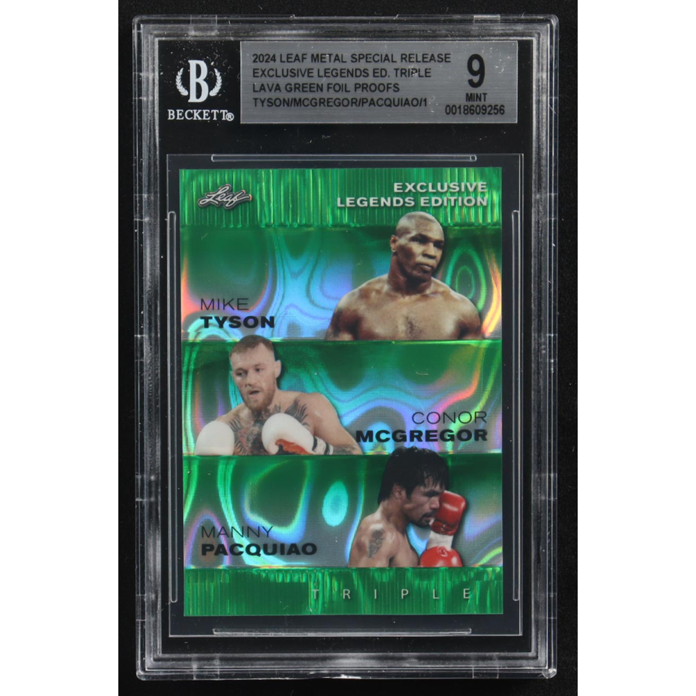 Manny Pacquiao / Conor Mcgregor / Mike Tyson 2024 Leaf Metal Special Release Exclusive Legends Ed. Triple Lava Green Foil Proofs (BGS 9) at PristineAuction.com