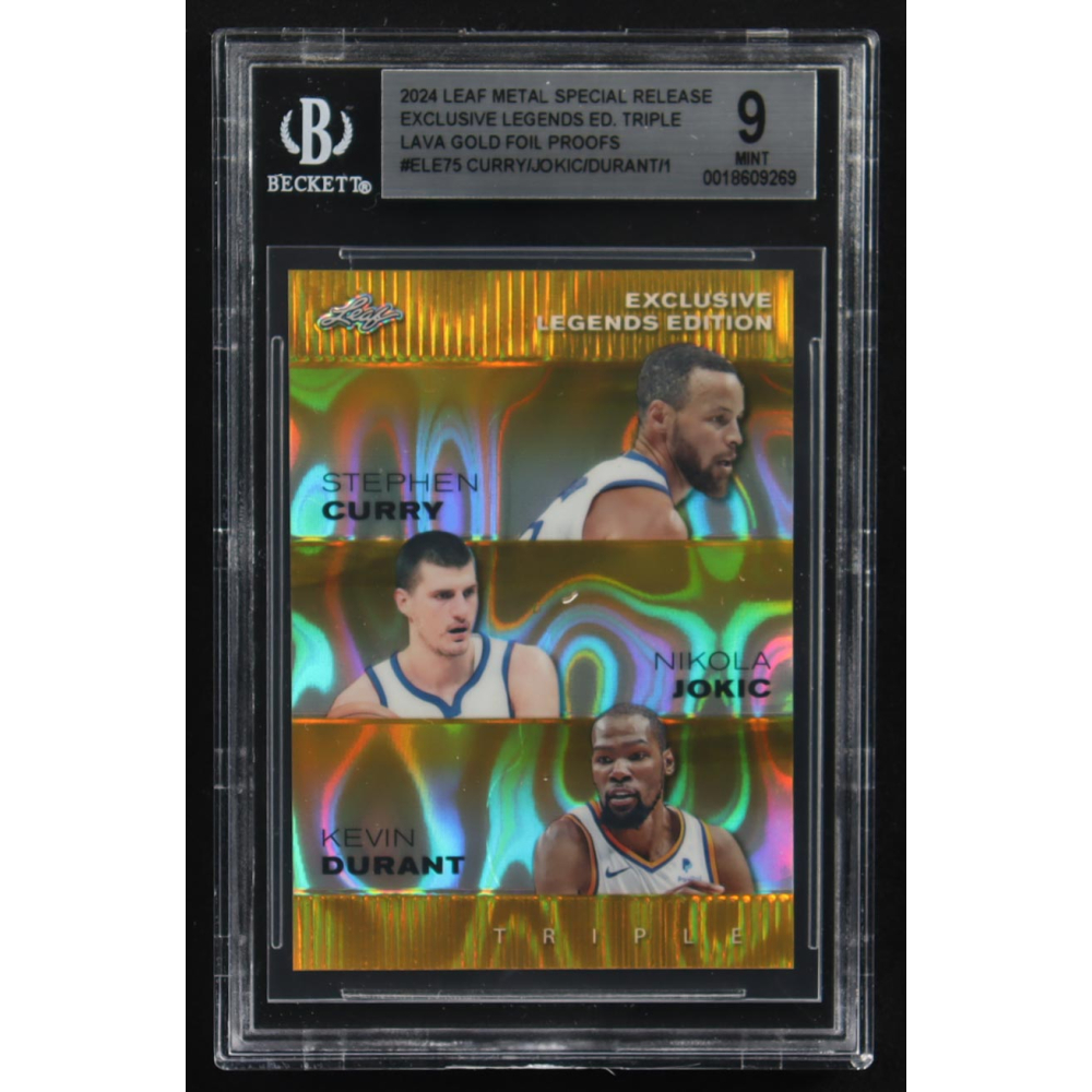 Nikola Jokic / Kevin Durant / Stephen Curry 2024 Leaf Metal Special Release Exclusive Legends Ed. Triple Lava Gold Foil Proofs #ELE75 #1/1 (BGS 9) at PristineAuction.com