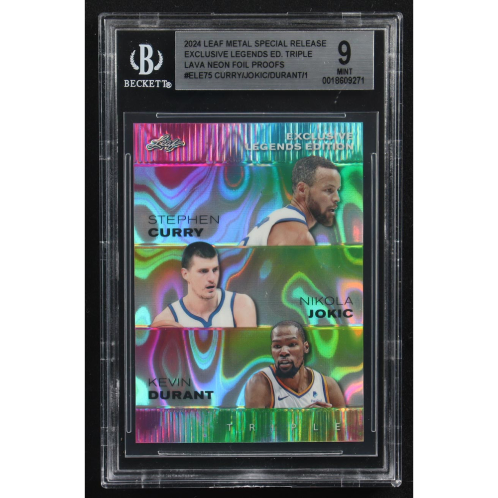Nikola Jokic / Kevin Durant / Stephen Curry 2024 Leaf Metal Special Release Exclusive Legends Ed. Triple Lava Neon Foil Proofs #ELE75 #1/1 (BGS 9) at PristineAuction.com