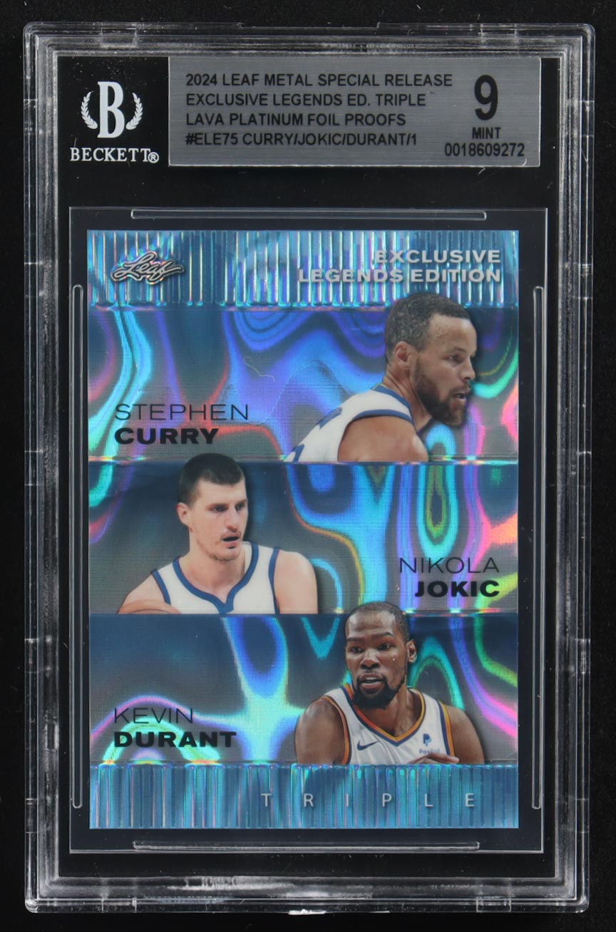Nikola Jokic / Kevin Durant / Stephen Curry 2024 Leaf Metal Special Release Exclusive Legends Ed. Triple Lava Platinum Foil Proofs #ELE75 #1/1 (BGS 9) at PristineAuction.com Nikola Jokic / Kevin Durant / Stephen Curry 2024 Leaf Metal Special Release Exclusive Legends Ed. Triple Lava Platinum Foil Proofs #ELE75 #1/1 (BGS 9) at PristineAuction.com