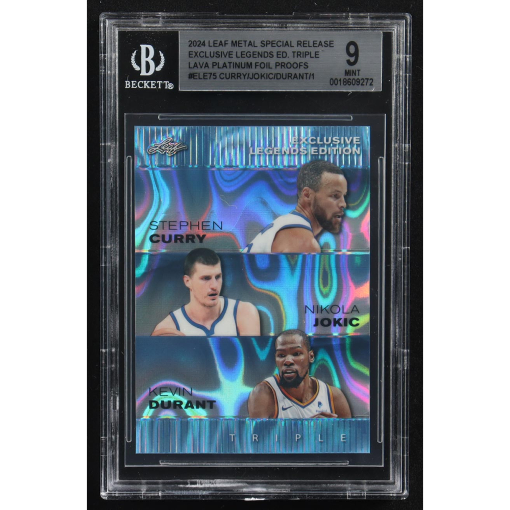 Nikola Jokic / Kevin Durant / Stephen Curry 2024 Leaf Metal Special Release Exclusive Legends Ed. Triple Lava Platinum Foil Proofs #ELE75 #1/1 (BGS 9) at PristineAuction.com