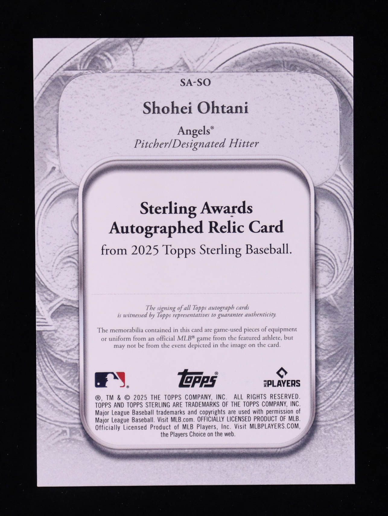 Shohei Ohtani 2025 Topps Sterling Sterling Awards Autograph Relics #SASO #20/25 at PristineAuction.com Shohei Ohtani 2025 Topps Sterling Sterling Awards Autograph Relics #SASO #20/25 at PristineAuction.com
