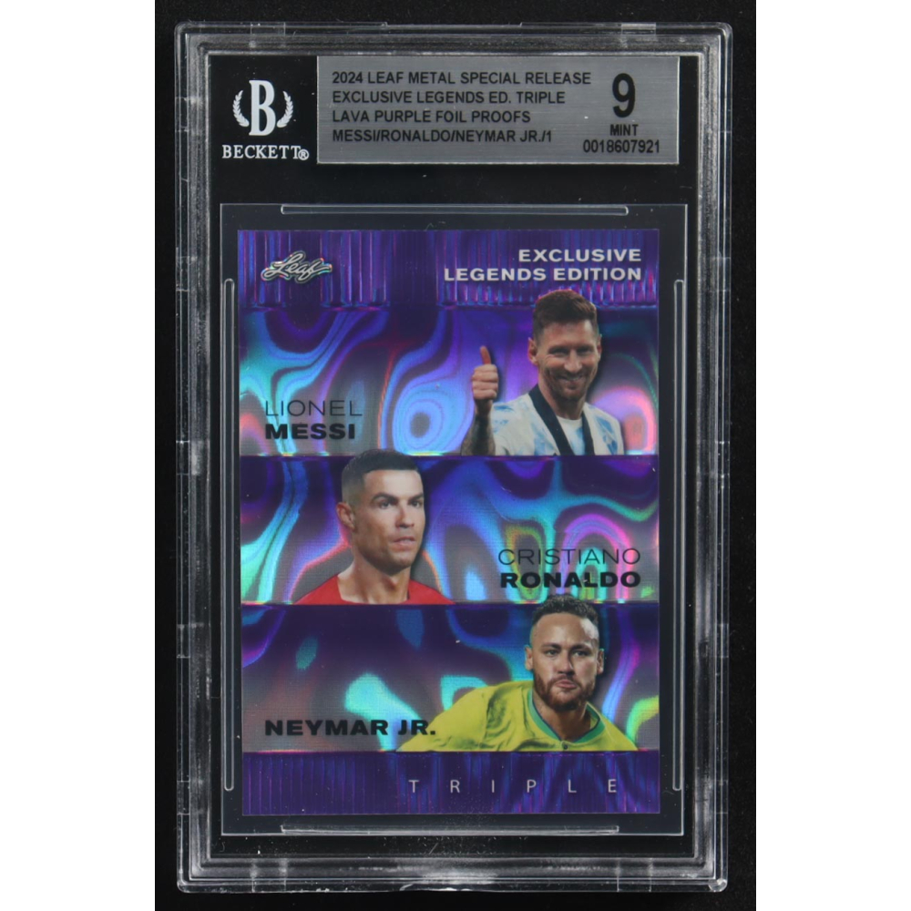 Lionel Messi / Cristiano Ronaldo / Neymar Jr 2024 Leaf Metal Special Release Exclusive Legends Ed. Triple Lava Purple Foil Proofs (BGS 9) at PristineAuction.com