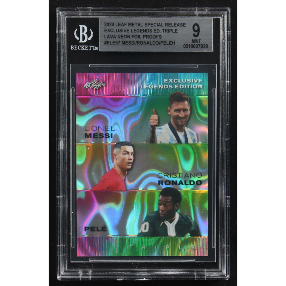 Lionel Messi / Pele / Cristiano Ronaldo 2024 Leaf Metal Special Release Exclusive Legends Ed. Triple Lava Neon Foil Proofs #ELE57 (BGS 9) at PristineAuction.com