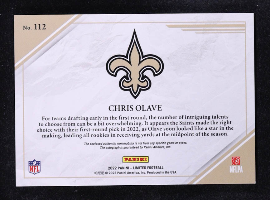 Chris Olave 2022 Limited Jersey Autographs Silver Spotlight #112 RC #83/99 at PristineAuction.com Chris Olave 2022 Limited Jersey Autographs Silver Spotlight #112 RC #83/99 at PristineAuction.com