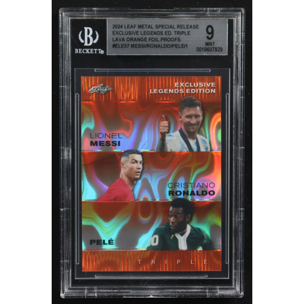Lionel Messi / Pele / Cristiano Ronaldo 2024 Leaf Metal Special Release Exclusive Legends Ed. Triple Lava Orange Foil Proofs #ELE57 (BGS 9) at PristineAuction.com