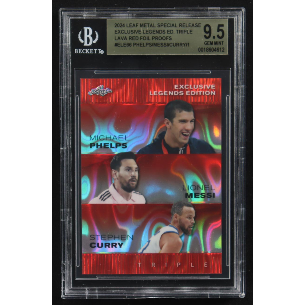 Lionel Messi / Michael Phelps / Stephen Curry 2024 Leaf Metal Special Release Exclusive Legends Ed. Triple Lava Red Foil Proofs #ELE66 (BGS 9.5) at PristineAuction.com