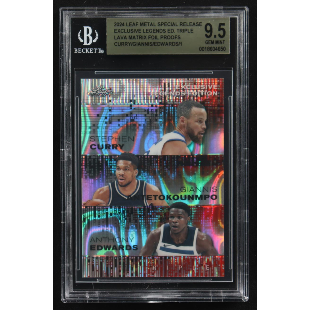 Giannis Antekounmpo / Anthony Edwards / Stephen Curry 2024 Leaf Metal Special Release Exclusive Legends Ed. Triple Lava Matrix Foil Proofs #ELE74 (BGS 9.5) at PristineAuction.com