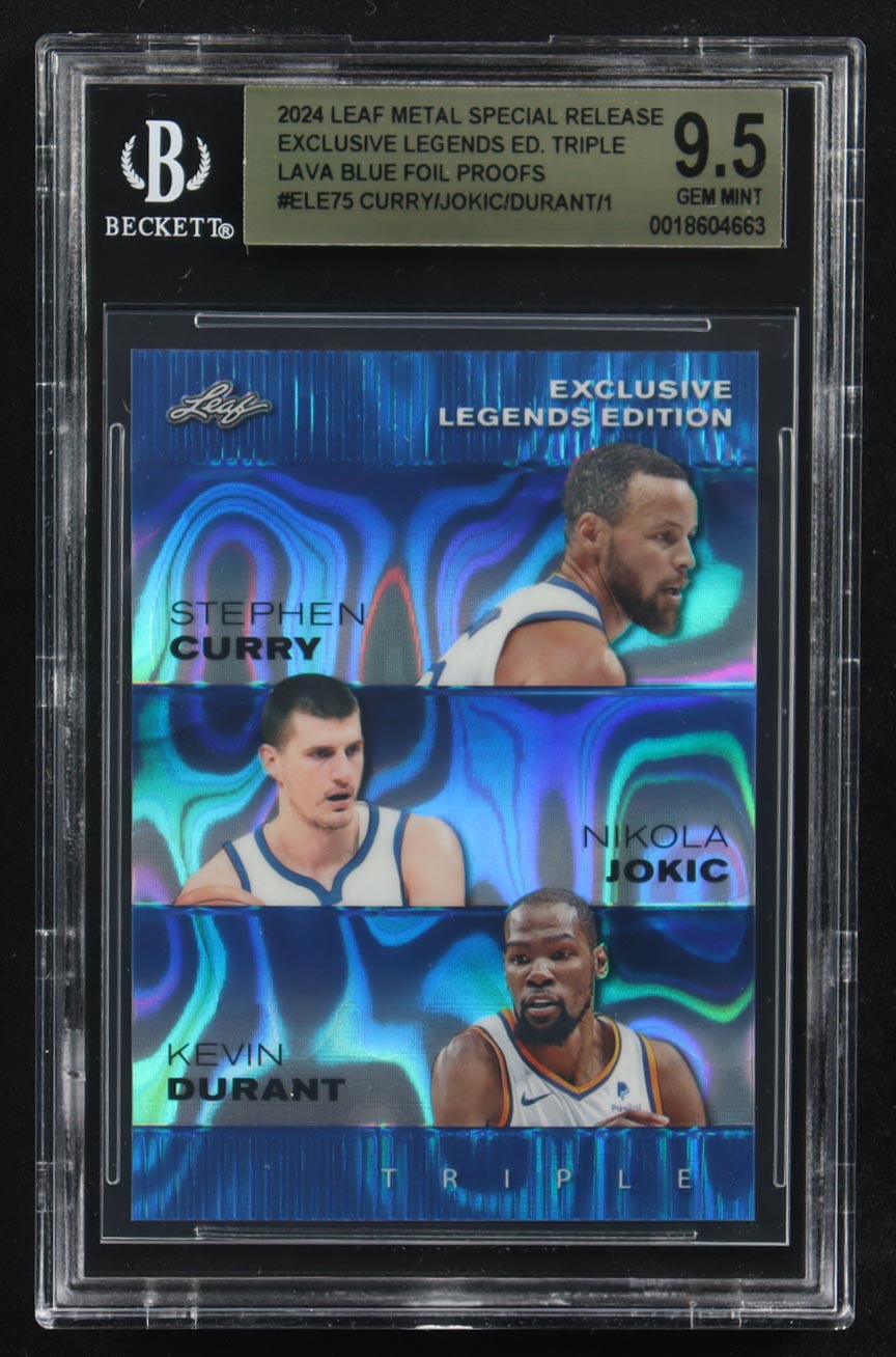 Nikola Jokic / Kevin Durant / Stephen Curry 2024 Leaf Metal Special Release Exclusive Legends Ed. Triple Lava Blue Foil Proofs #ELE75 #1/1 (BGS 9.5) at PristineAuction.com Nikola Jokic / Kevin Durant / Stephen Curry 2024 Leaf Metal Special Release Exclusive Legends Ed. Triple Lava Blue Foil Proofs #ELE75 #1/1 (BGS 9.5) at PristineAuction.com