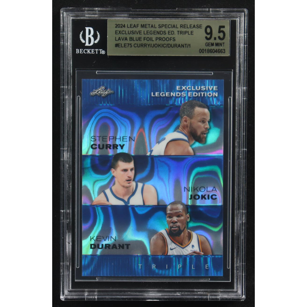 Nikola Jokic / Kevin Durant / Stephen Curry 2024 Leaf Metal Special Release Exclusive Legends Ed. Triple Lava Blue Foil Proofs #ELE75 #1/1 (BGS 9.5) at PristineAuction.com
