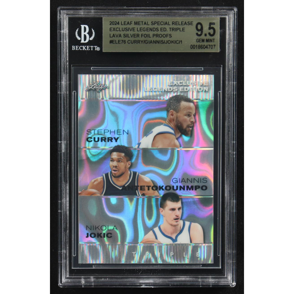 Giannis Antekounmpo / Nikola Jokic / Stephen Curry 2024 Leaf Metal Special Release Exclusive Legends Ed. Triple Lava Silver Foil Proofs #ELE76 (BGS 9.5) at PristineAuction.com