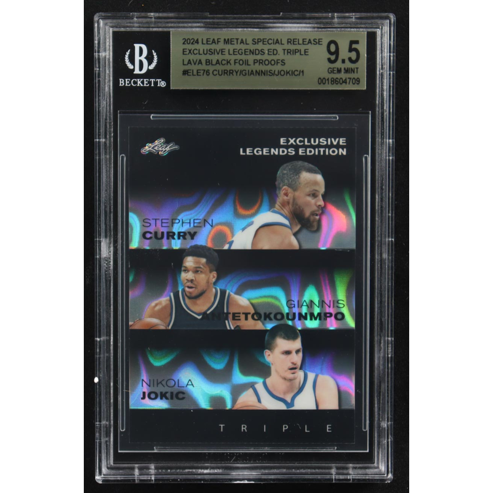 Giannis Antekounmpo / Nikola Jokic / Stephen Curry 2024 Leaf Metal Special Release Exclusive Legends Ed. Triple Lava Black Foil Proofs #ELE76 (BGS 9.5) at PristineAuction.com