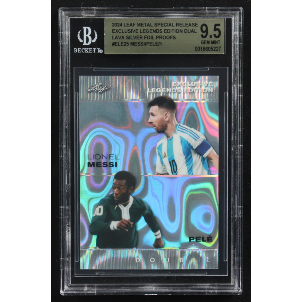 Lionel Messi / Pele 2024 Leaf Metal Special Release Exclusive Legends Ed. Dual Lava Silver Foil Proofs #ELE25 (BGS 9.5) at PristineAuction.com