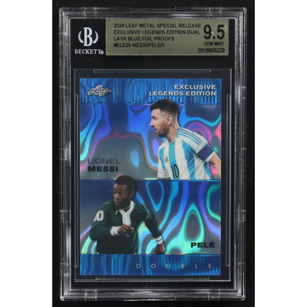 Lionel Messi / Pele 2024 Leaf Metal Special Release Exclusive Legends Ed. Dual Lava Blue Foil Proofs #ELE25 (BGS 9.5) at PristineAuction.com