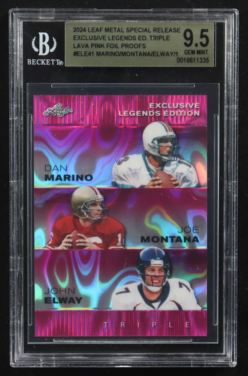 Dan Marino / Joe Montana / John Elway 2024 Leaf Metal Special Release Exclusive Legends Ed. Triple Lava Pink Foil Proofs #ELE41 (BGS 9.5) at PristineAuction.com Dan Marino / Joe Montana / John Elway 2024 Leaf Metal Special Release Exclusive Legends Ed. Triple Lava Pink Foil Proofs #ELE41 (BGS 9.5) at PristineAuction.com