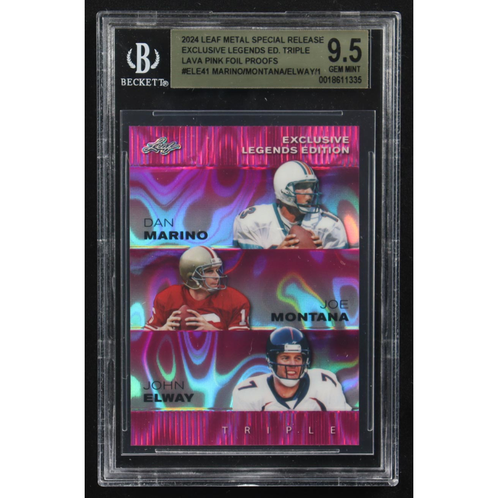 Dan Marino / Joe Montana / John Elway 2024 Leaf Metal Special Release Exclusive Legends Ed. Triple Lava Pink Foil Proofs #ELE41 (BGS 9.5) at PristineAuction.com