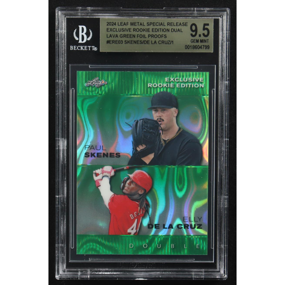 Paul Skenes / Elly De La Cruz 2024 Leaf Metal Special Release Exclusive Rookie Ed. Dual Lava Green Foil Proofs #ERE03 RC #1/1 (BGS 9.5) at PristineAuction.com