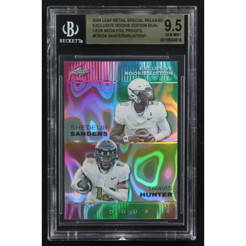 Shedeur Sanders / Travis Hunter 2024 Leaf Metal Special Release Exclusive Rookie Ed. Dual Lava Neon Foil Proofs #ERE04 RC #1/1 (BGS 9.5) at PristineAuction.com