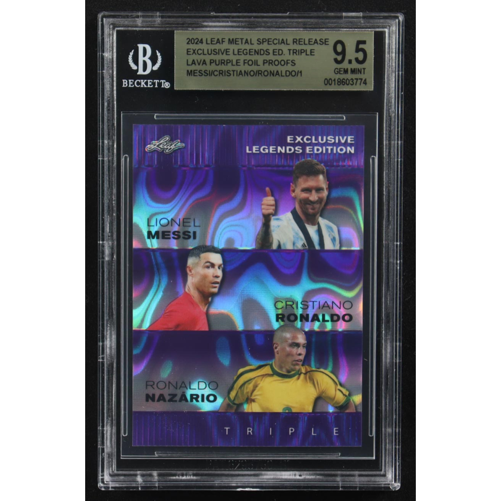 Lionel Messi / Cristiano Ronaldo / Ronaldo Nazario 2024 Leaf Metal Special Release Exclusive Legends Ed. Triple Lava Purple Foil Proofs (BGS 9.5) at PristineAuction.com