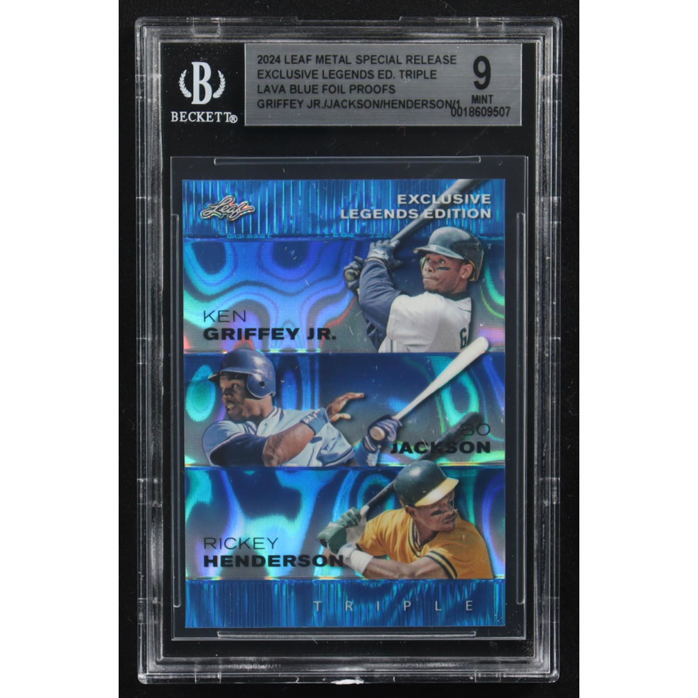 Ken Griffey Jr. / Bo Jackson / Rickey Henderson 2024 Leaf Metal Special Release Exclusive Legends Ed. Triple Lava Blue Foil Proofs (BGS 9) at PristineAuction.com