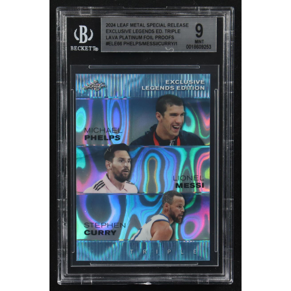 Lionel Messi / Michael Phelps / Stephen Curry 2024 Leaf Metal Special Release Exclusive Legends Ed. Triple Lava Platinum Foil Proofs #ELE66 (BGS 9) at PristineAuction.com
