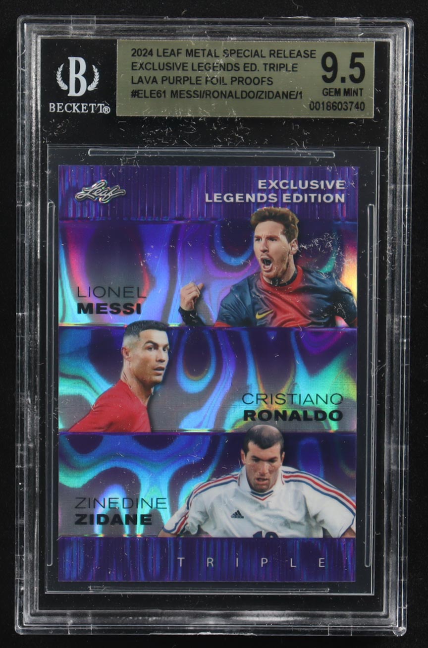 Lionel Messi / Zinedine Zidane / Cristiano Ronaldo 2024 Leaf Metal Special Release Exclusive Legends Ed. Triple Lava Purple Foil Proofs #ELE61 (BGS 9.5) at PristineAuction.com Lionel Messi / Zinedine Zidane / Cristiano Ronaldo 2024 Leaf Metal Special Release Exclusive Legends Ed. Triple Lava Purple Foil Proofs #ELE61 (BGS 9.5) at PristineAuction.com