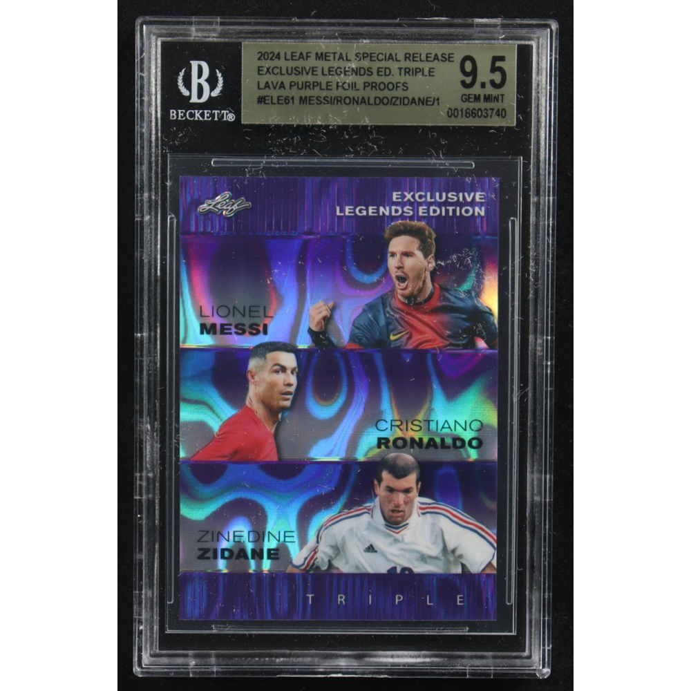Lionel Messi / Zinedine Zidane / Cristiano Ronaldo 2024 Leaf Metal Special Release Exclusive Legends Ed. Triple Lava Purple Foil Proofs #ELE61 (BGS 9.5) at PristineAuction.com