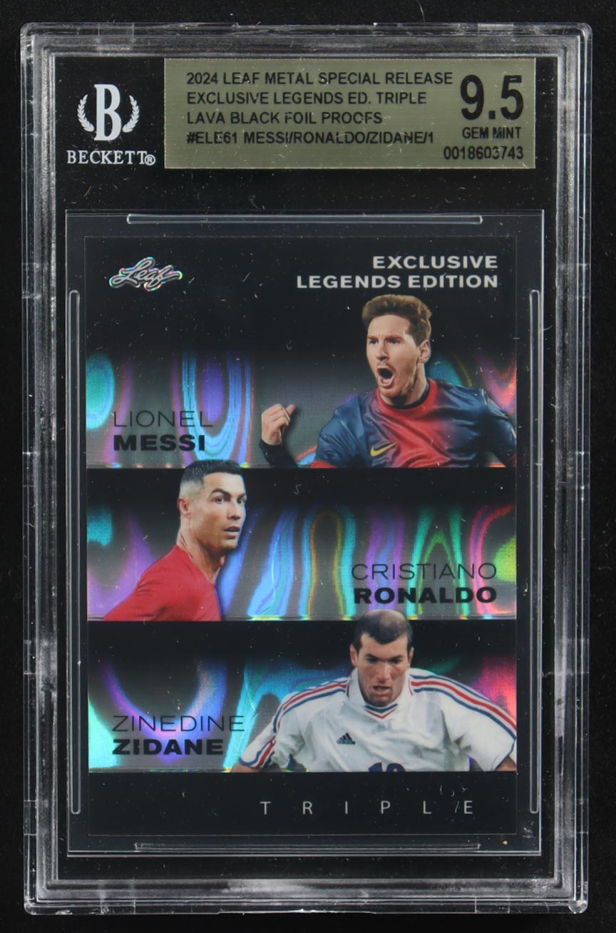 Lionel Messi / Zinedine Zidane / Cristiano Ronaldo 2024 Leaf Metal Special Release Exclusive Legends Ed. Triple Lava Black Foil Proofs #ELE61 (BGS 9.5) at PristineAuction.com Lionel Messi / Zinedine Zidane / Cristiano Ronaldo 2024 Leaf Metal Special Release Exclusive Legends Ed. Triple Lava Black Foil Proofs #ELE61 (BGS 9.5) at PristineAuction.com