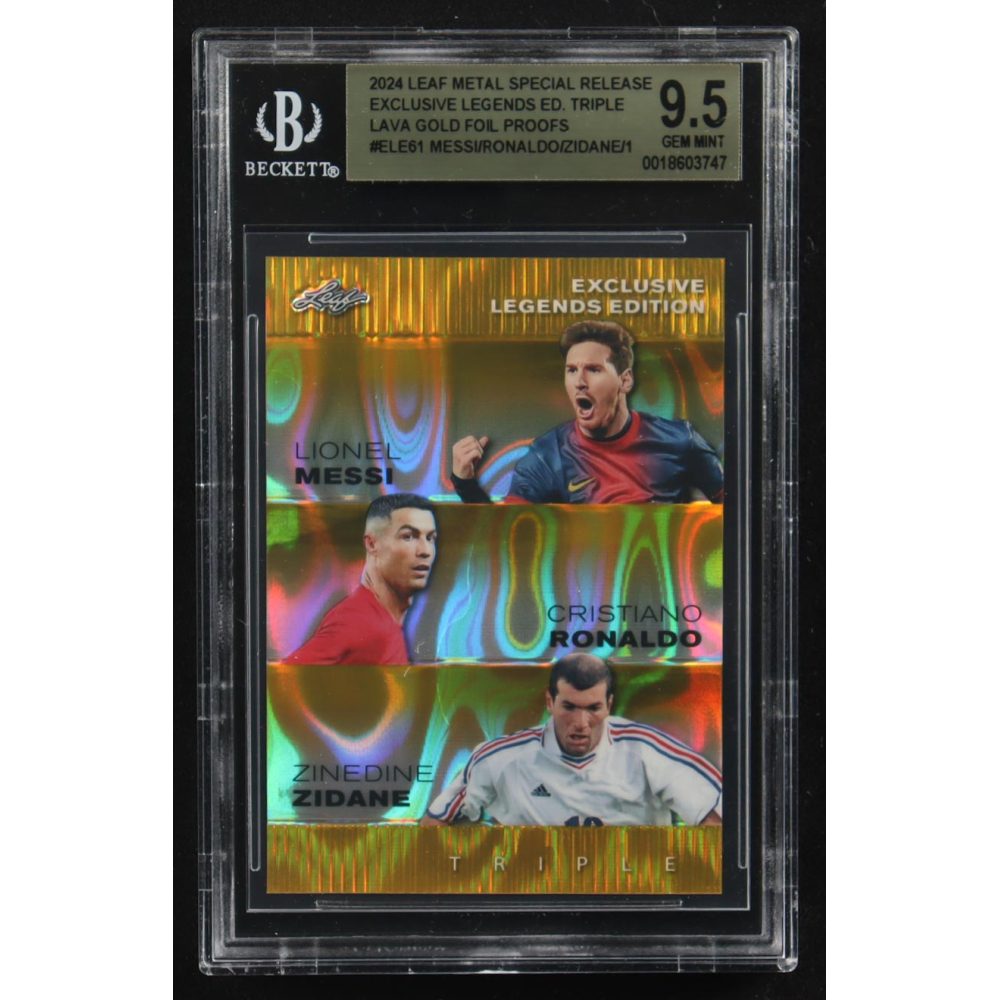 Lionel Messi / Zinedine Zidane / Cristiano Ronaldo 2024 Leaf Metal Special Release Exclusive Legends Ed. Triple Lava Gold Foil Proofs #ELE61 (BGS 9.5) at PristineAuction.com