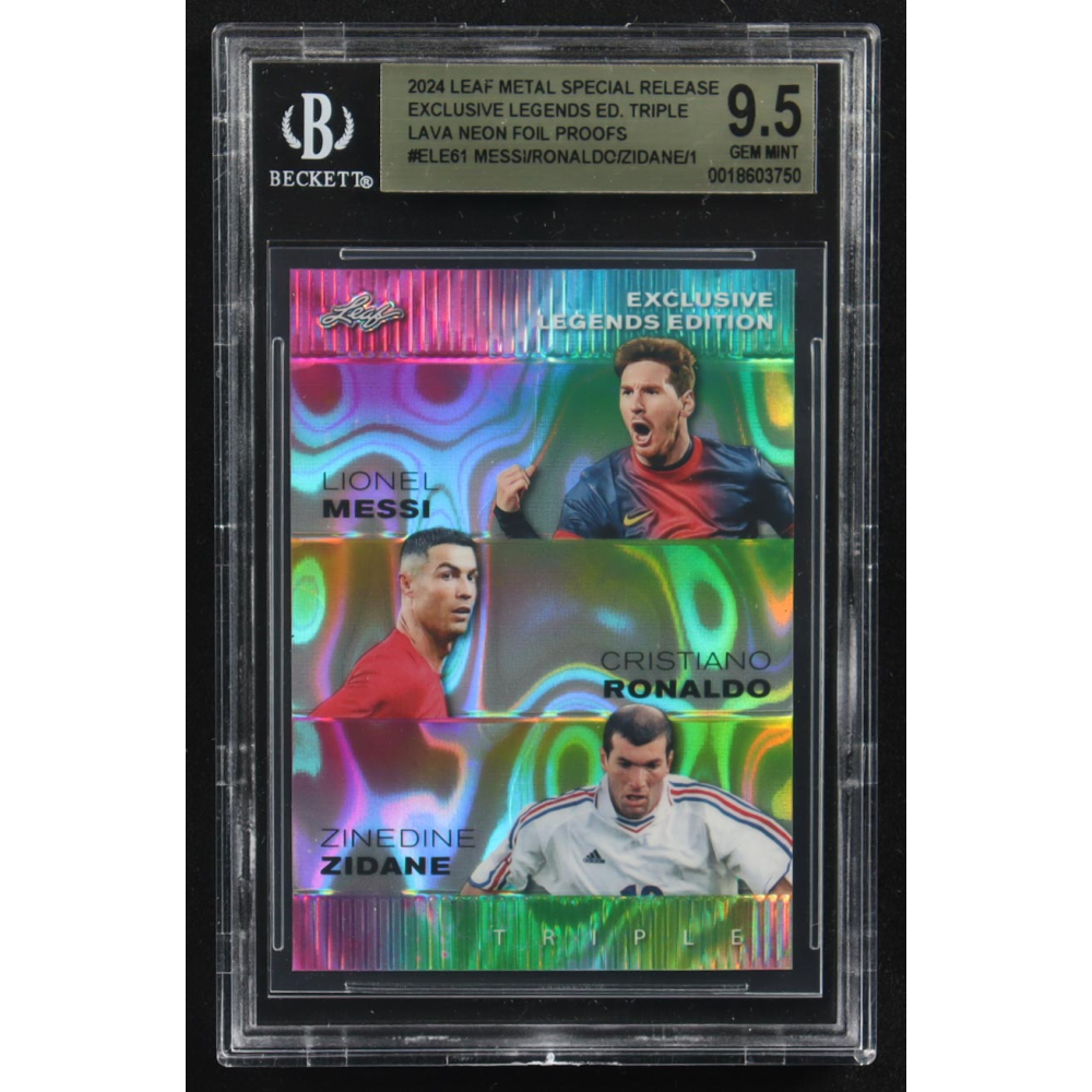 Lionel Messi / Zinedine Zidane / Cristiano Ronaldo 2024 Leaf Metal Special Release Exclusive Legends Ed. Triple Lava Neon Foil Proofs #ELE61 (BGS 9.5) at PristineAuction.com