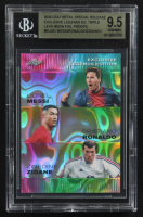 Lionel Messi / Zinedine Zidane / Cristiano Ronaldo 2024 Leaf Metal Special Release Exclusive Legends Ed. Triple Lava Neon Foil Proofs #ELE61 (BGS 9.5) at PristineAuction.com