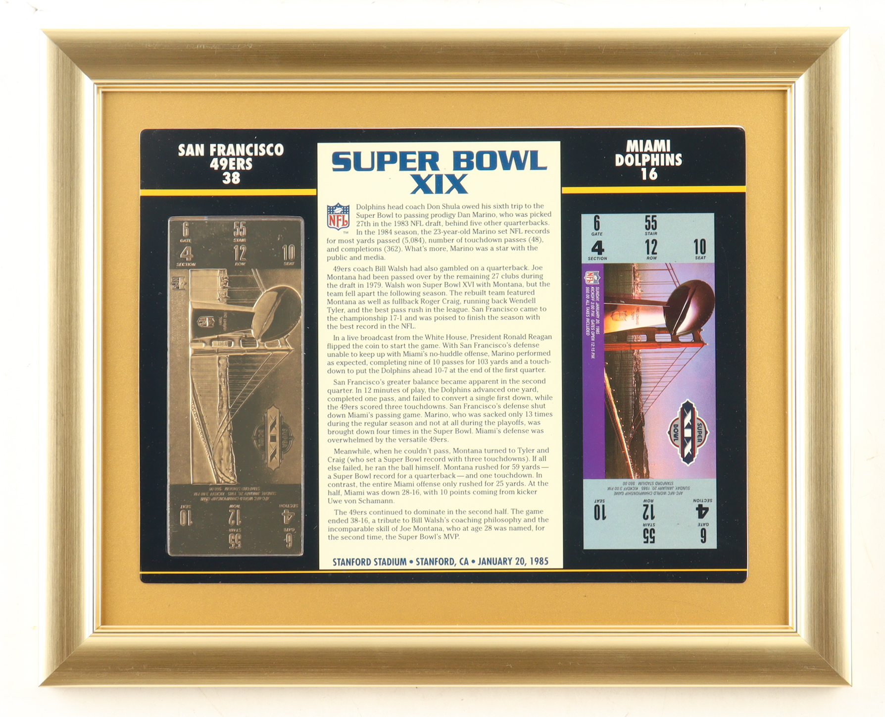 Super Bowl XIX Commemorative Score Card with 23KT Gold Ticket Framed Display at PristineAuction.com Super Bowl XIX Commemorative Score Card with 23KT Gold Ticket Framed Display at PristineAuction.com
