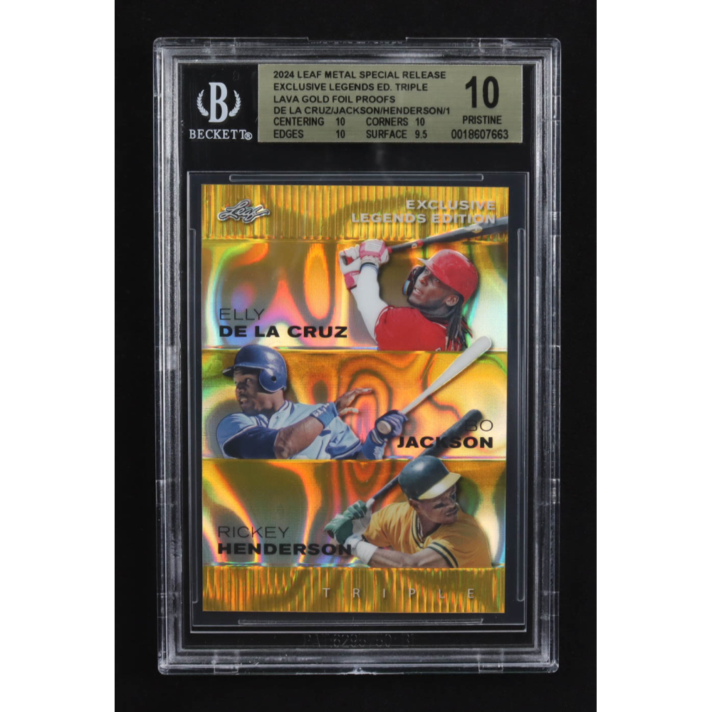 Elly De La Cruz / Bo Jackson / Rickey Henderson 2024 Leaf Metal Special Release Exclusive Legends Ed. Triple Lava Gold Foil Proofs #1/1 (BGS 10) at PristineAuction.com