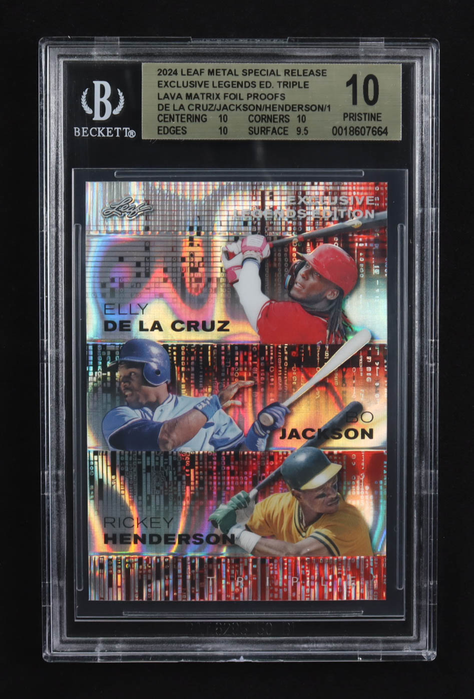 Elly De La Cruz / Bo Jackson / Rickey Henderson 2024 Leaf Metal Special Release Exclusive Legends Ed. Triple Lava Matrix Foil Proofs #1/1 (BGS 10) at PristineAuction.com Elly De La Cruz / Bo Jackson / Rickey Henderson 2024 Leaf Metal Special Release Exclusive Legends Ed. Triple Lava Matrix Foil Proofs #1/1 (BGS 10) at PristineAuction.com