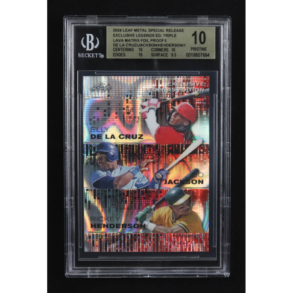 Elly De La Cruz / Bo Jackson / Rickey Henderson 2024 Leaf Metal Special Release Exclusive Legends Ed. Triple Lava Matrix Foil Proofs #1/1 (BGS 10) at PristineAuction.com