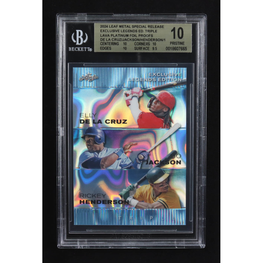 Elly De La Cruz / Bo Jackson / Rickey Henderson 2024 Leaf Metal Special Release Exclusive Legends Ed. Triple Lava Platinum Foil Proofs #1/1 (BGS 10) at PristineAuction.com