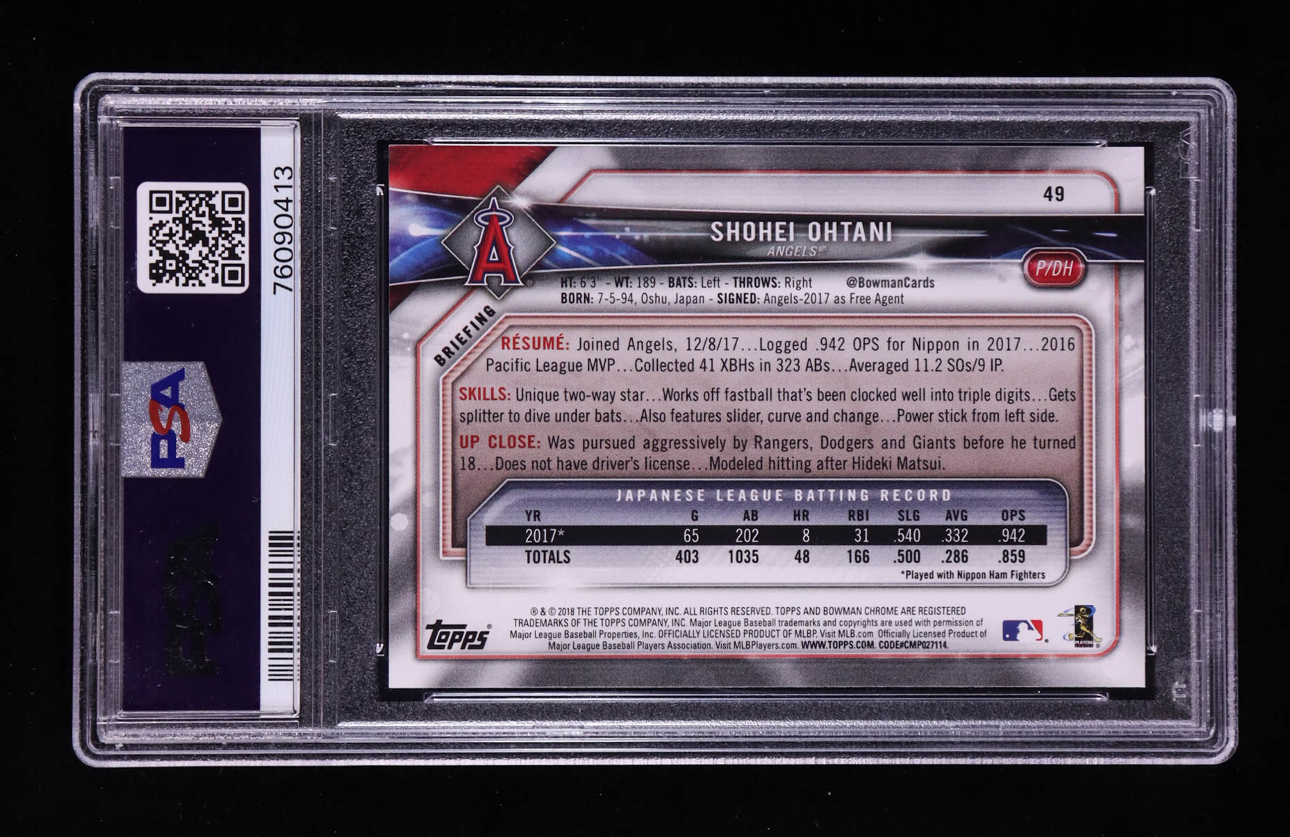 Shohei Ohtani 2018 Bowman #49 RC (PSA 9) at PristineAuction.com Shohei Ohtani 2018 Bowman #49 RC (PSA 9) at PristineAuction.com