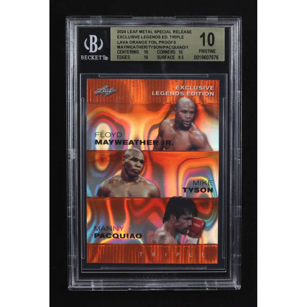 Mike Tyson / Floyd Mayweather Jr. / Manny Pacquiao 2024 Leaf Metal Special Release Exclusive Legends Ed. Triple Lava Orange Foil Proofs (BGS 10) at PristineAuction.com