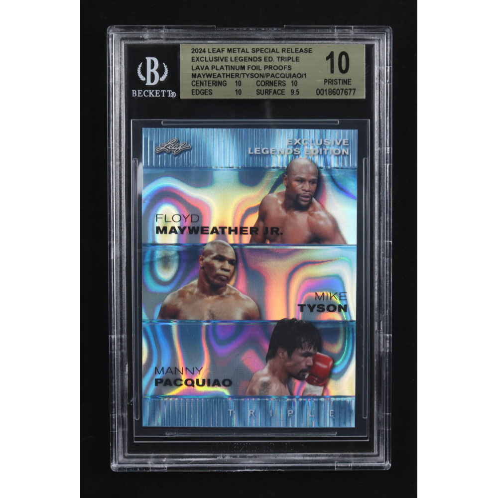 Mike Tyson / Floyd Mayweather Jr. / Manny Pacquiao 2024 Leaf Metal Special Release Exclusive Legends Ed. Triple Lava Platinum Foil Proofs (BGS 10) at PristineAuction.com