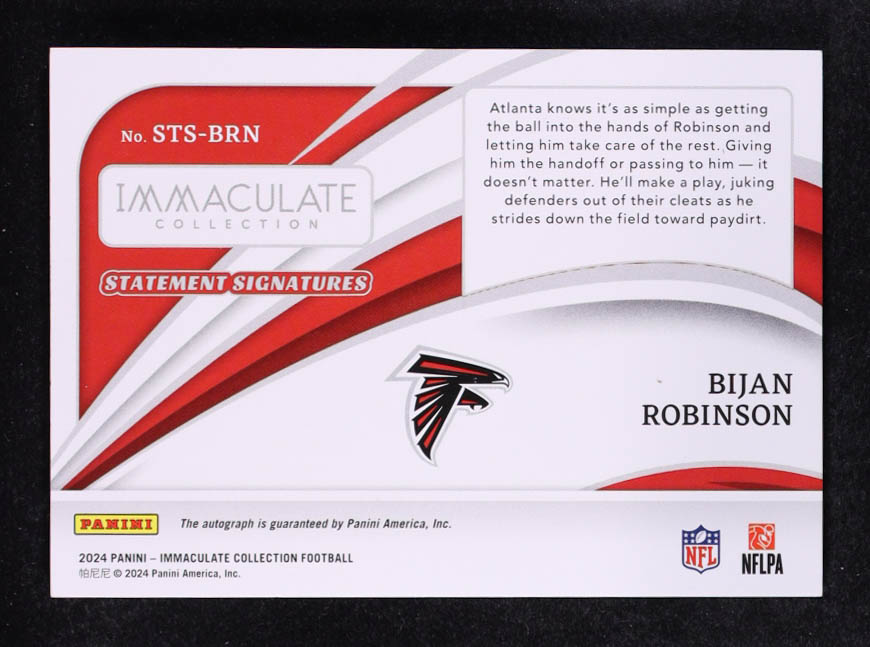 Bijan Robinson 2024 Immaculate Collection Statement Signatures #10 #49/49 at PristineAuction.com Bijan Robinson 2024 Immaculate Collection Statement Signatures #10 #49/49 at PristineAuction.com